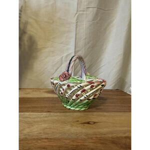 Vintage Spanish Hand-Painted Woven Lattice Pottery Basket Trinket Dish
